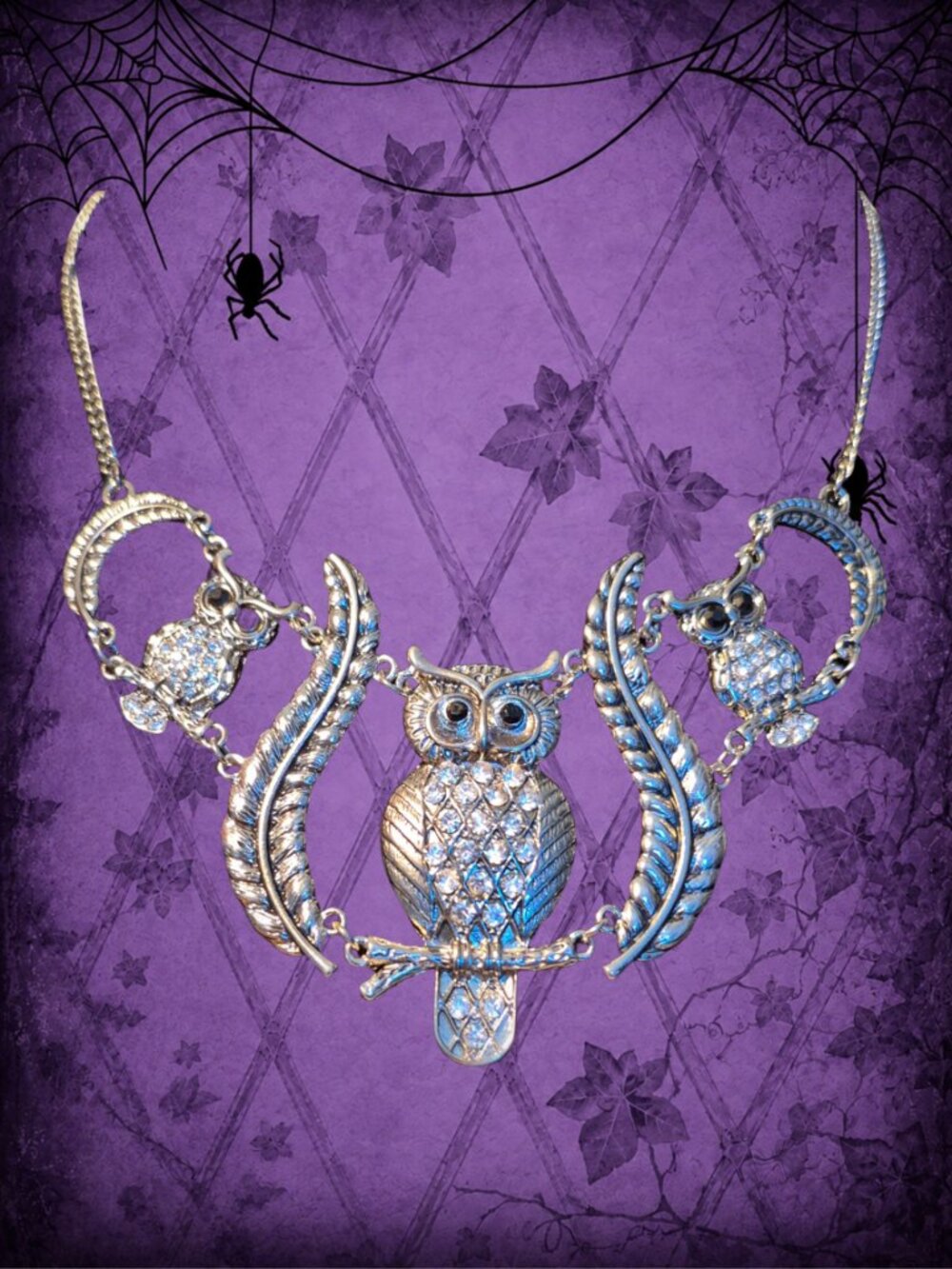 Way Up High ☁️🧚♂️ Silver-Tone Owl & Feather Necklace Black & Clear Stones